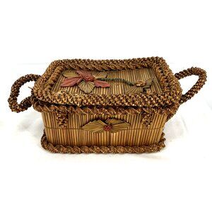 Antique Victorian Folk Art Woven Straw Basket Trinket Box 14" Wide Tramp Art